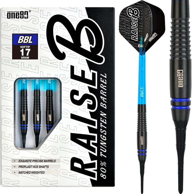 One80 Raise B Darts – Soft Tip – Black – Blue Rings 17g