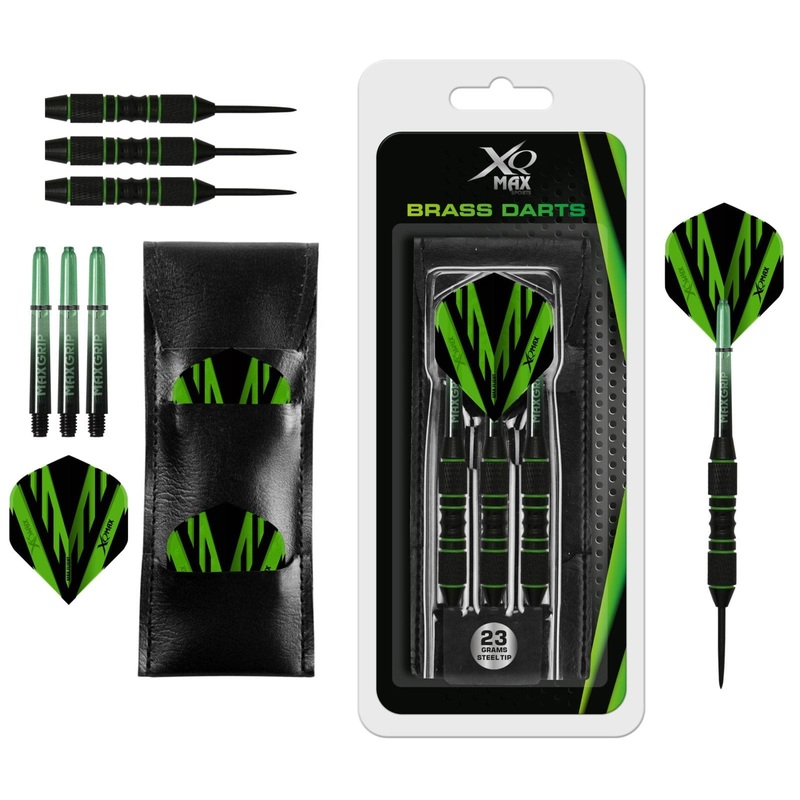 *XQMax Steel Tip Darts – Black Coated Brass – includes Case – Green Rings – 23g 23g