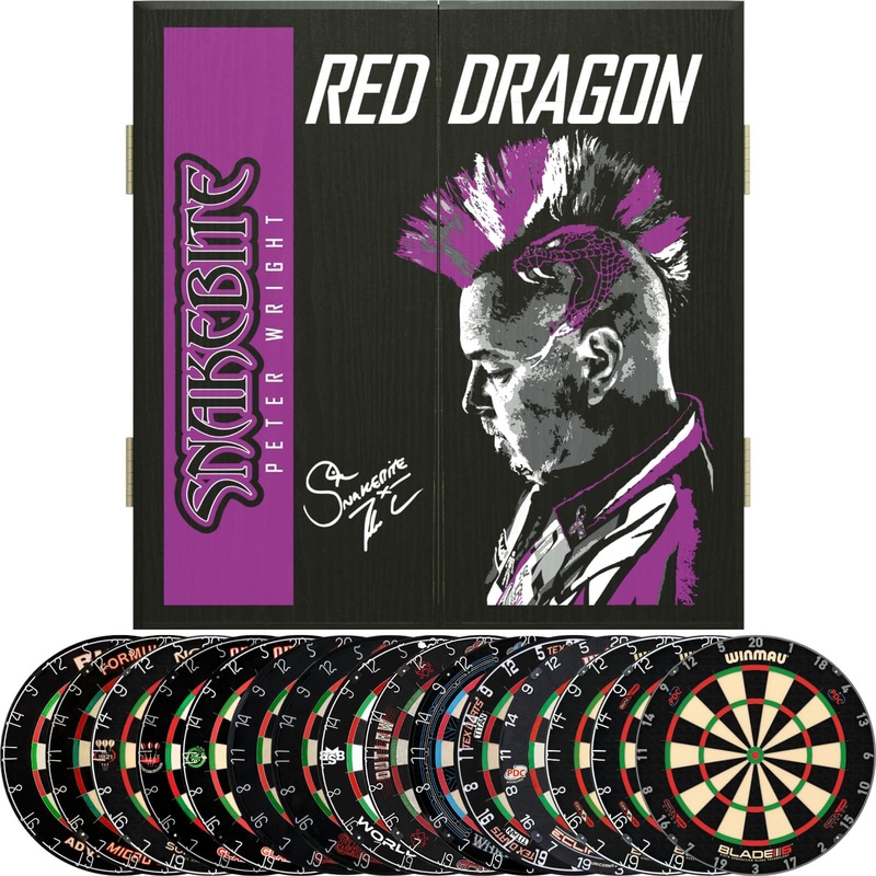 Red Dragon – Peter Wright Dartboard Cabinet & Dartboard Bundle – Choose Your Board Bulls NL – Advantage 501