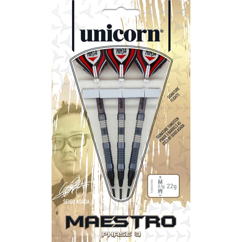 Seigo Asada Phase 3 Maestro Black 95% Tungsten Soft Tip Darts by Unicorn 22 Gram