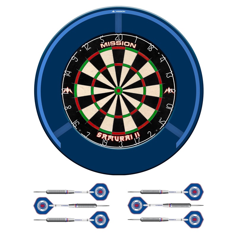 Mission Samurai II x Rangers Dartboard Set – Dart Board, Surround, Torus 270 Light & 2 sets of Brass Darts – Blue