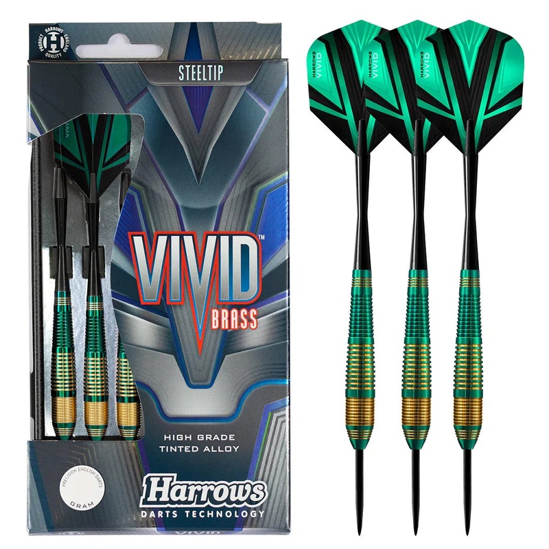 Harrows Vivid Black Brass Steel Tip Darts – Green 22 GRAM