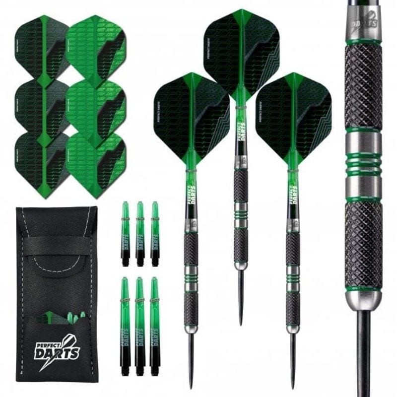 *Perfect Darts – Steel Tip – 90% Tungsten – Black Grenade – Knurled – Black & Green 22g