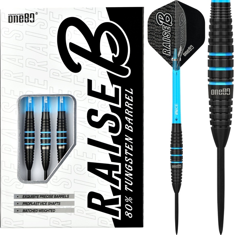 One80 Raise B Darts – Steel Tip – Black – Aqua Blue Rings 21g