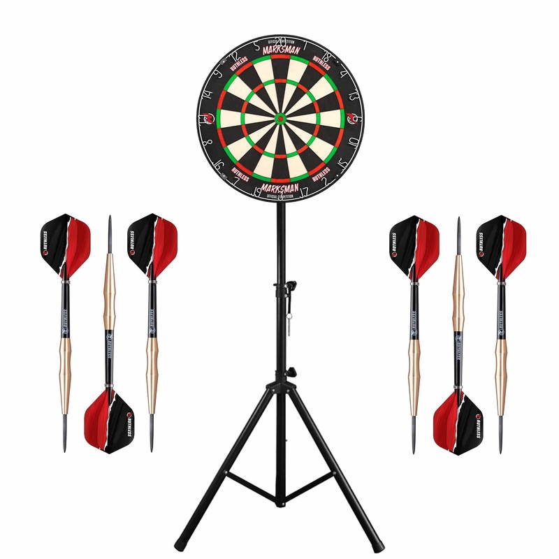 Ruthless Marksman Dartboard & Stand Set – Dart Board, Stand & 2 sets of Brass Darts