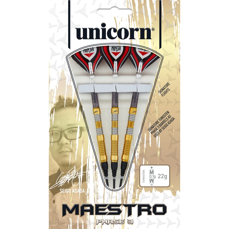 Seigo Asada Phase 3 Maestro Gold 95% Tungsten Soft Tip Darts by Unicorn 22 Gram