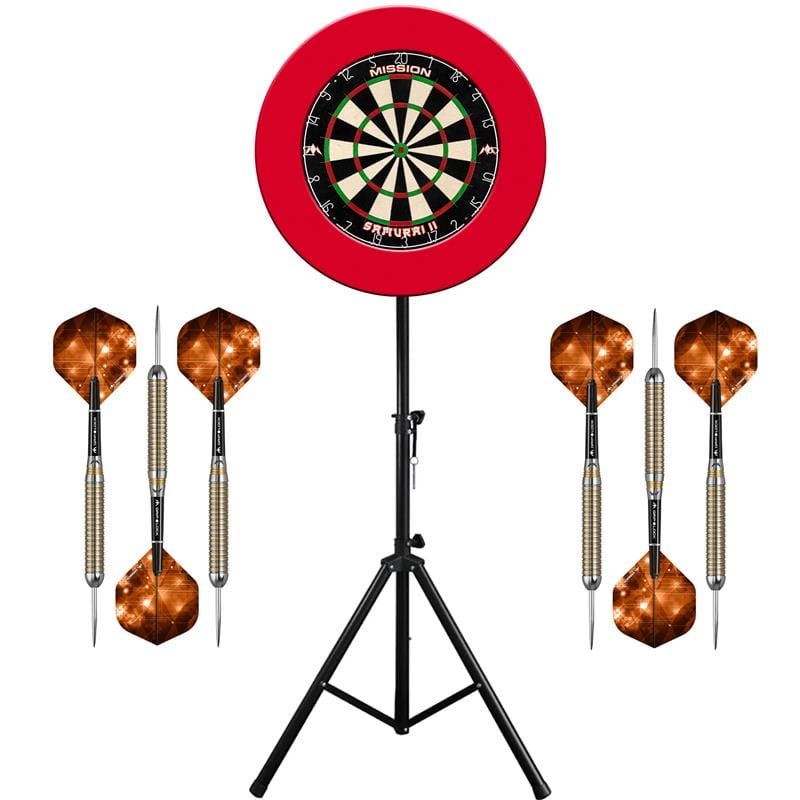 Mission Samurai II Dartboard & Stand Set – Dart Board, Surround, Stand and Darts – Red