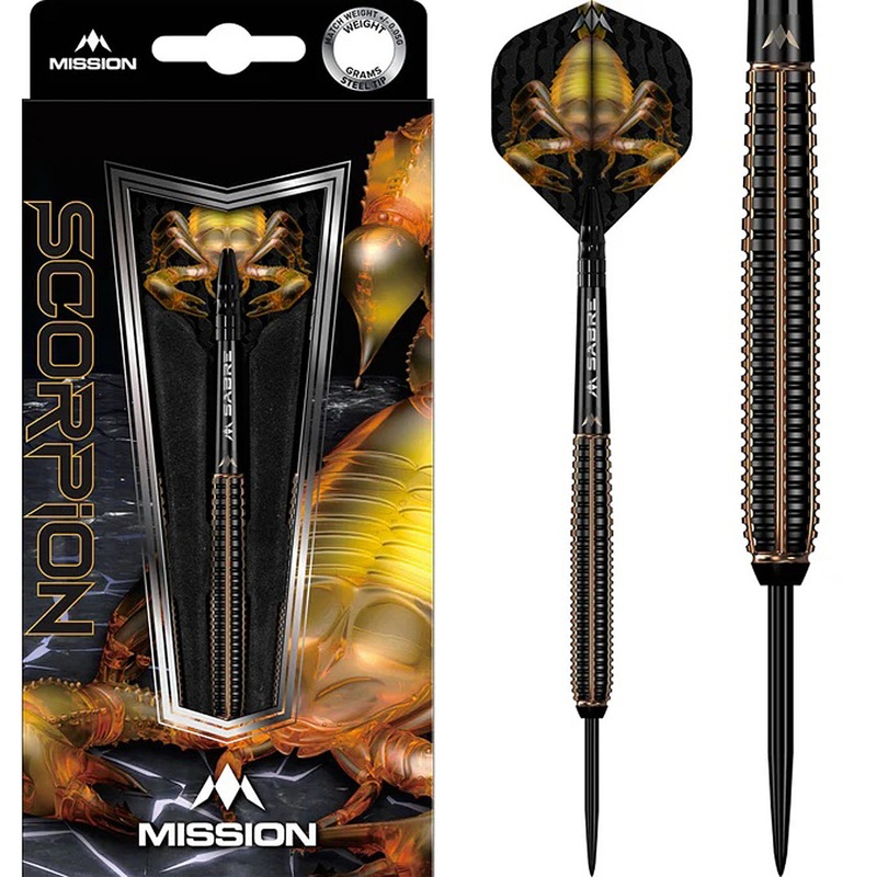 Mission Scorpion Darts – Steel Tip – 90% Tungsten – Black & Gold Electro 22 grams
