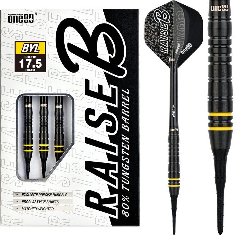 One80 Raise B Darts – Soft Tip – Black – Yellow Rings 17g