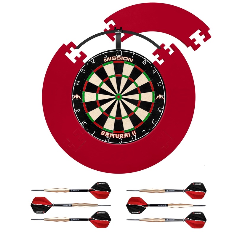 Mission Samurai II Dartboard Set – Dart Board, Jigsaw Surround, Torus 100 Light & 2 sets of Brass Darts – Red