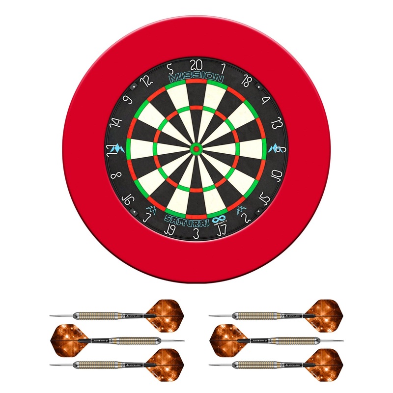 Mission Samurai Infinity Dartboard Set – Dart Board, Surround & 2 sets of Brass Darts – Red