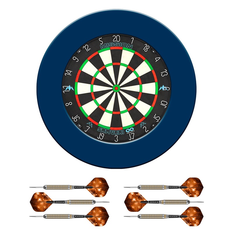 Mission Samurai Infinity Dartboard Set – Dart Board, Surround & 2 sets of Brass Darts – Blue