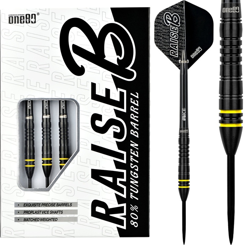 One80 Raise B Darts – Steel Tip – Black – Yellow Rings 21g