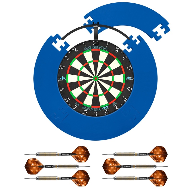Mission Samurai Infinity Dartboard Set – Dart Board, Jigsaw Surround, Torus 100 Light & 2 sets of Brass Darts – Blue