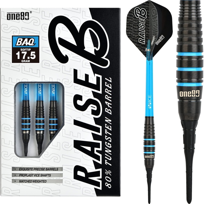 One80 Raise B Darts – Soft Tip – Black – Aqua Blue Rings 17g