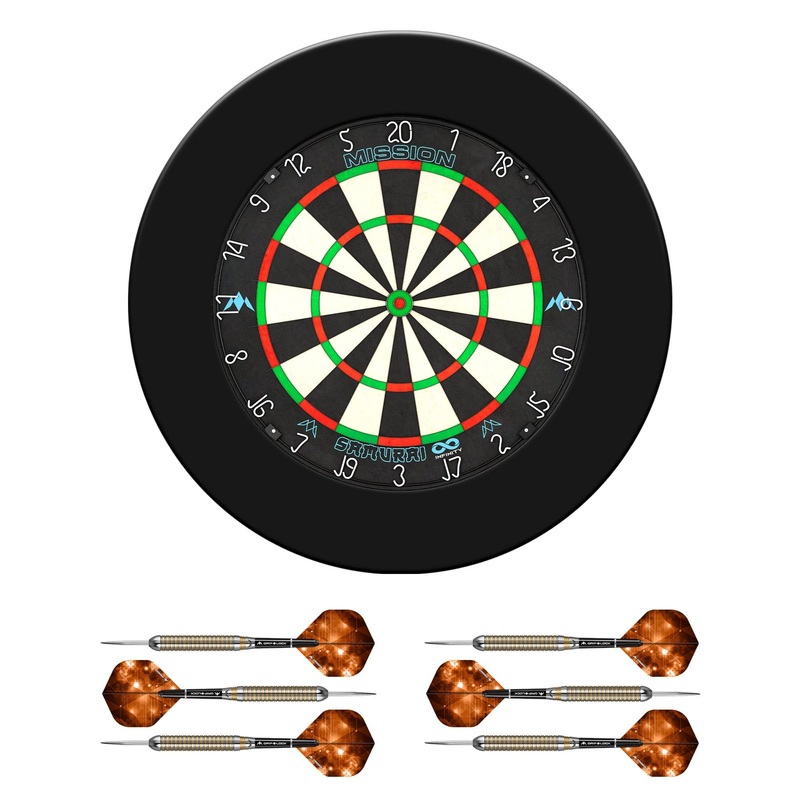 Mission Samurai Infinity Dartboard Set – Dart Board, Surround & 2 sets of Brass Darts – Black