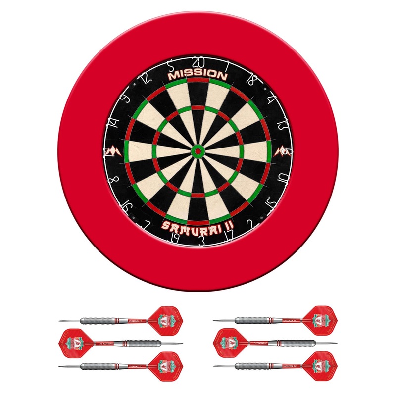 Mission Samurai II x Liverpool Dartboard Set – Dart Board, Surround & 2 sets of Brass Darts – Red