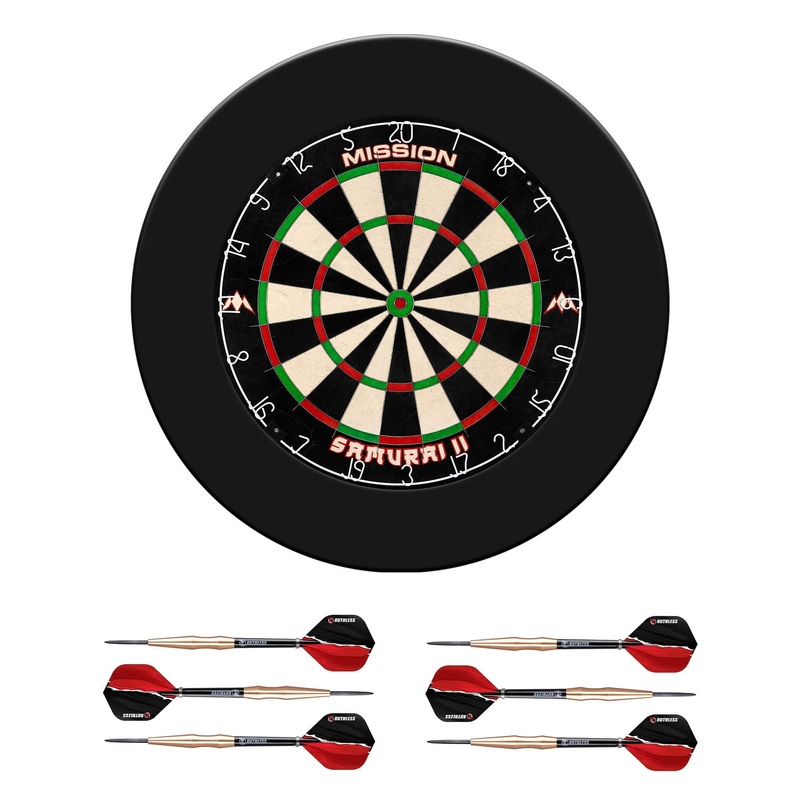Mission Samurai II Dartboard Set – Dart Board, Surround & 2 sets of Brass Darts – Black