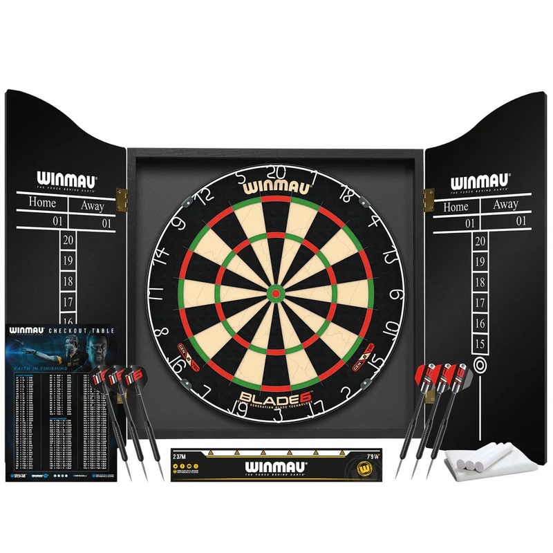 Winmau Blade 6 Dartboard Cabinet Set – Mack Darts Exclusive Black Includes Blade 6 Dartboard 2 Sets of Darts; Official Oche throw line;