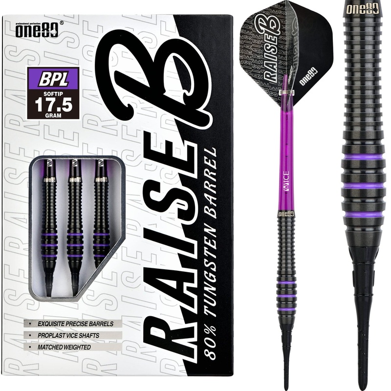 One80 Raise B Darts – Soft Tip – Black – Purple Rings 17g