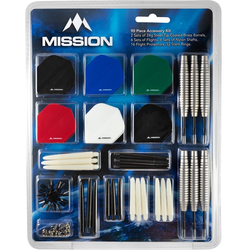 Mission Darts Accessory Kit – 90 Piece – Flights, Shafts – Steel Tip