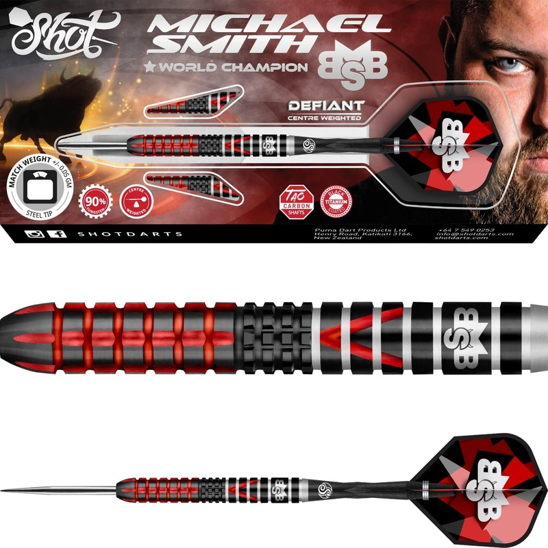 Shot – Michael Smith Defiant Darts – Steel Tip – 90% Tungsten – 22g 23g 24g 25g 22 grams
