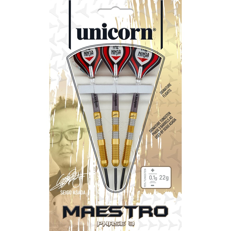 Seigo Asada Phase 3 Maestro Gold 95% Tungsten Steel Tip Darts by Unicorn 22 Gram