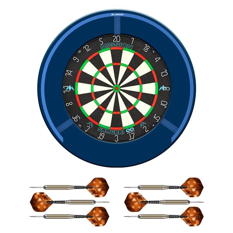 Mission Samurai Infinity Dartboard Set – Dart Board, Surround, Torus 270 Light & 2 sets of Brass Darts – Blue
