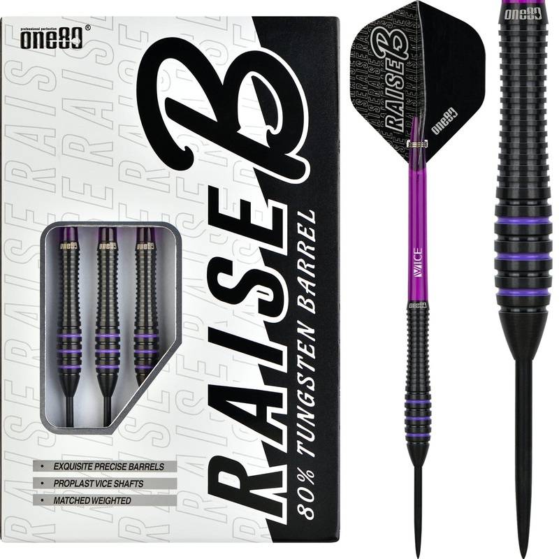 One80 Raise B Darts – Steel Tip – Black – Purple Rings 21g