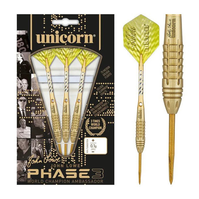 Unicorn John Lowe World Champion Phase 3 90% Tungsten Steel Tip Darts 21 GRAM