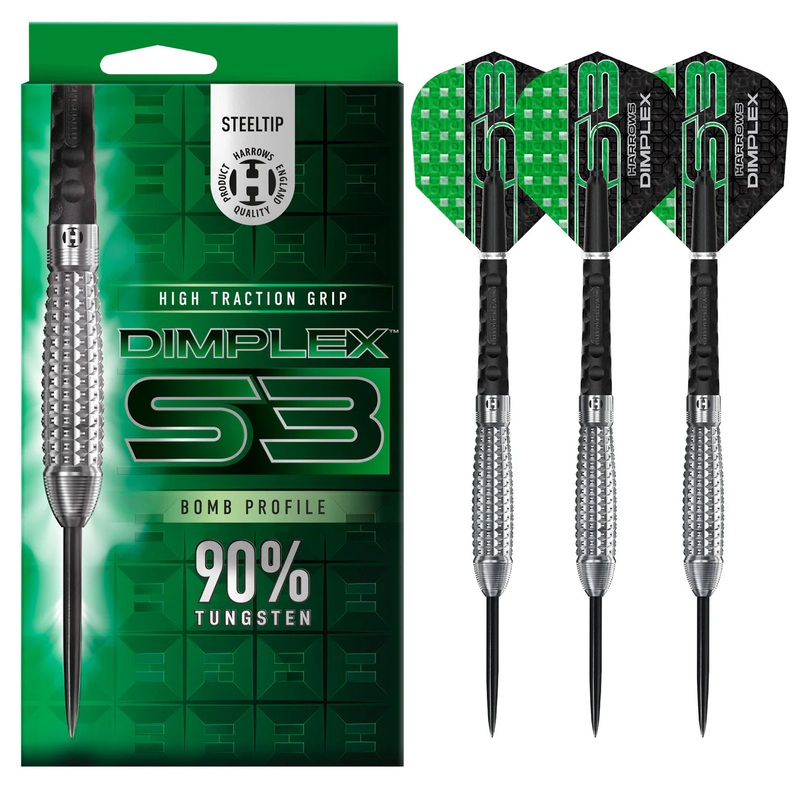 Harrows Dimplex S3 Darts – Steel Tip Darts – 90% Tungsten – 24g Bomb