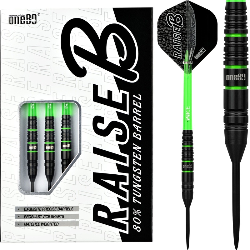 One80 Raise B Darts – Steel Tip – Black – Green Rings 21g