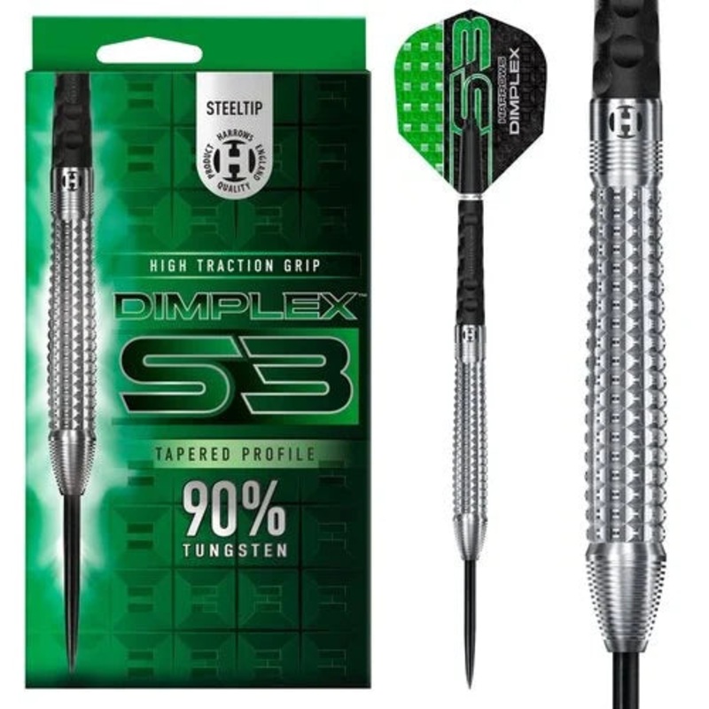 Harrows Dimplex S3 Darts – Steel Tip Darts – 90% Tungsten – 24g Tapered