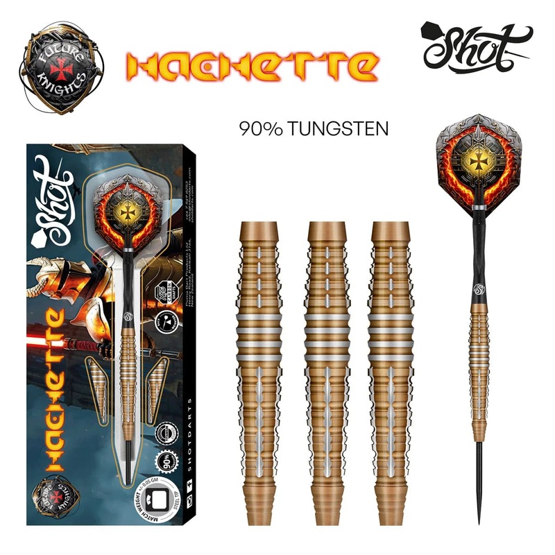 Shot Future Knights Hachette Steel Tip Dart Set-90% Tungsten Barrels-26gm