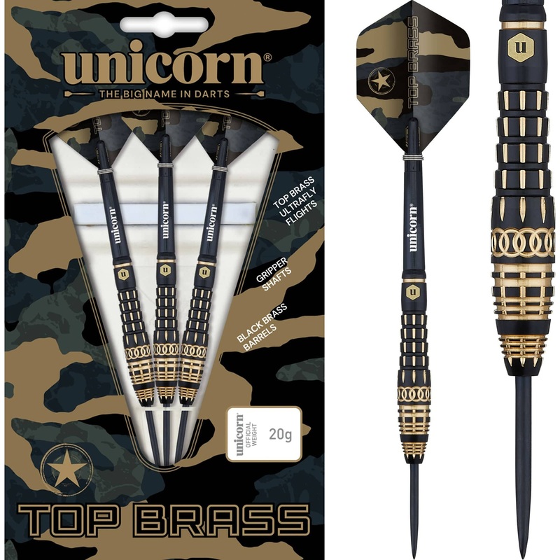 *Unicorn Top Brass Darts – Steel Tip – Style 4 – Black & Gold 20g