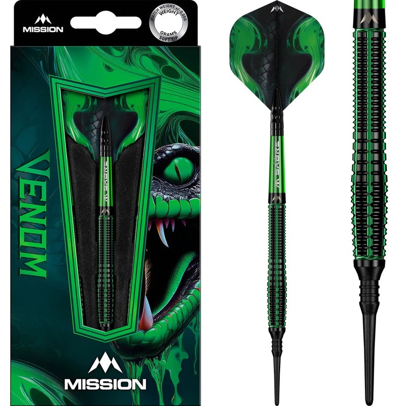 Mission Venom Soft Tip Darts – 90% Tungsten Black & Green Electro – 20gm