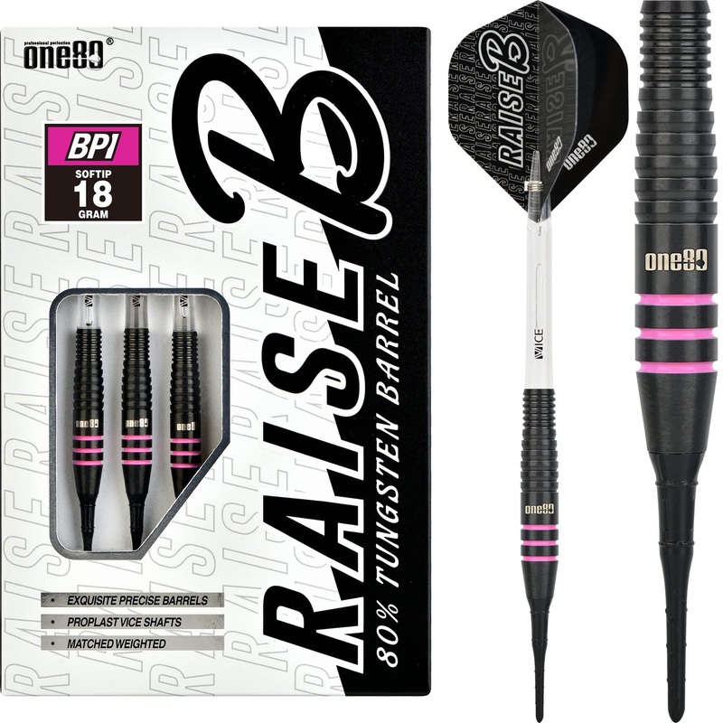 One80 Raise B Darts – Soft Tip – Black – Pink Rings 18g
