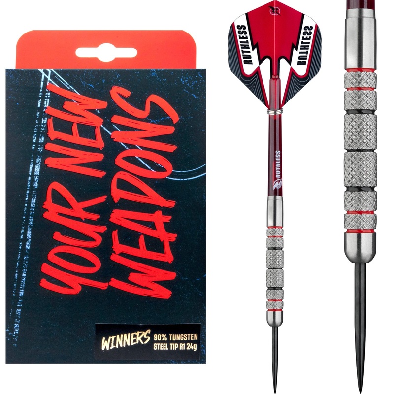 Ruthless Winners Darts – Steel Tip – Full Knurl – Black & Red – 24g 24g