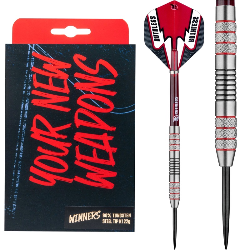 Ruthless Winners Darts – Steel Tip -Twin Knurl – Black & Red – 22g 22g