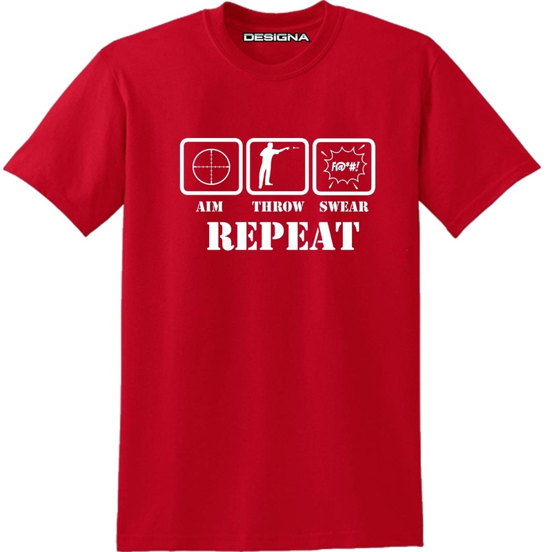 T Shirt – Humour Dart T-Shirt – Red – Aim Throw Swear Repeat 2XL