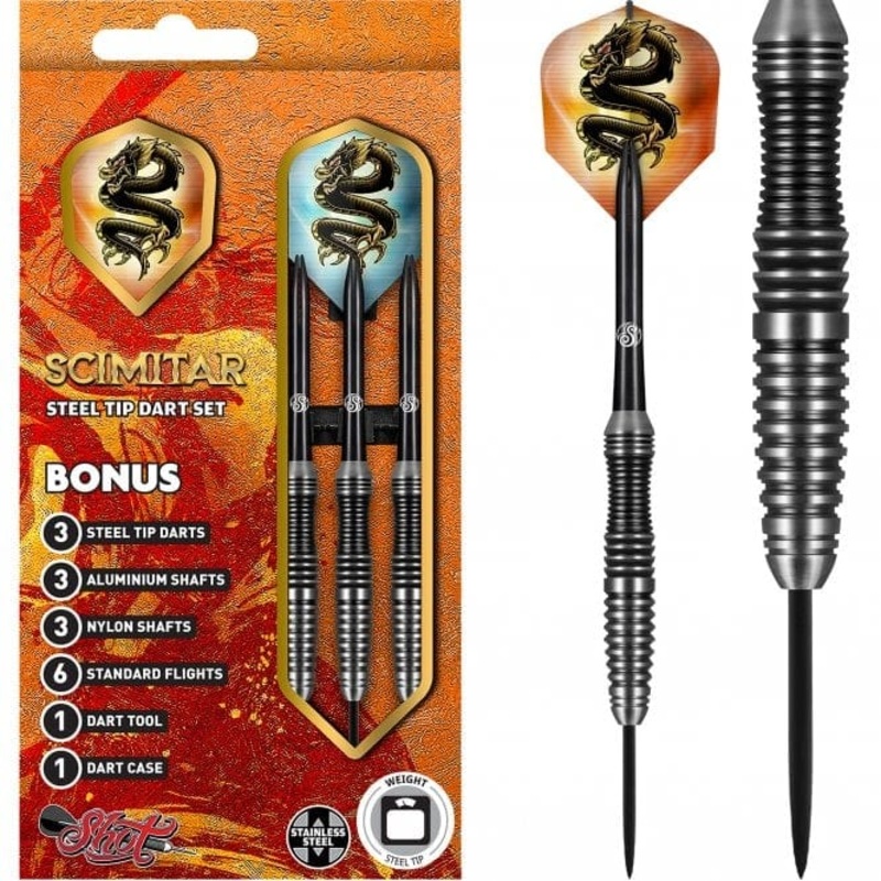 Shot Scimitar Darts – Steel Tip – Stainless Steel – Black Ring 22g