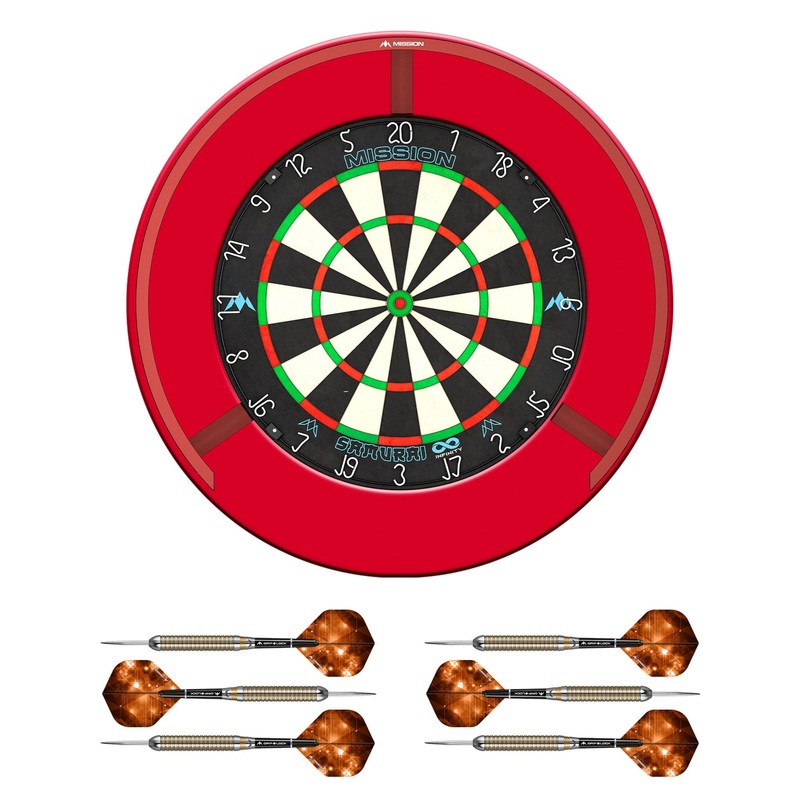 Mission Samurai Infinity Dartboard Set – Dart Board, Surround, Torus 270 Light & 2 sets of Brass Darts – Red
