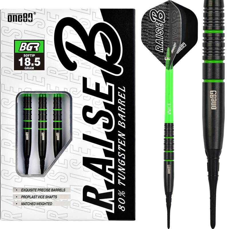 One80 Raise B Darts – Soft Tip – Black – Green Rings 18g