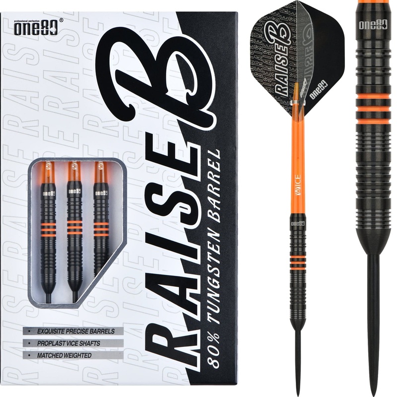 One80 Raise B Darts – Steel Tip – Black – Orange Rings 21g