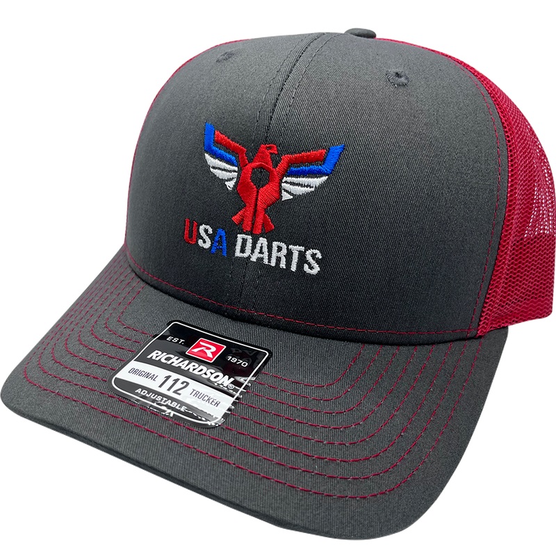 USA Darts Richardson 112 Snapback Trucker Hat – Gray/Red