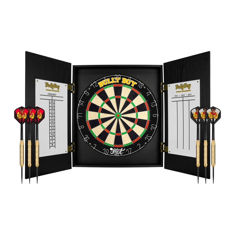 Shot Michael Smith Dartboard Cabinet Set – inc 2 Sets Darts – Bully Boy