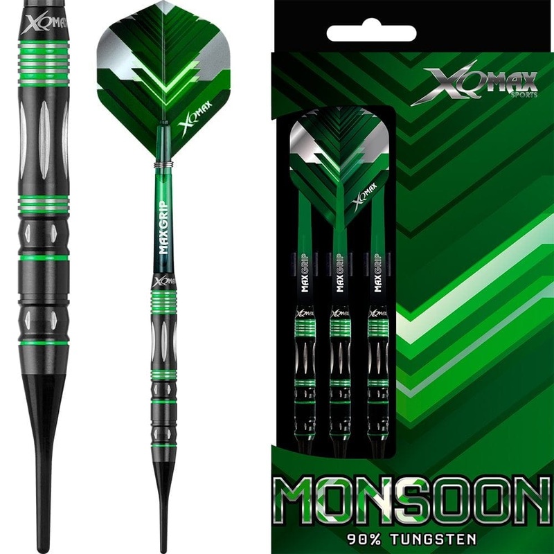*XQMax Monsoon Darts – Soft Tip Tungsten – Black – Green Grooves 18g