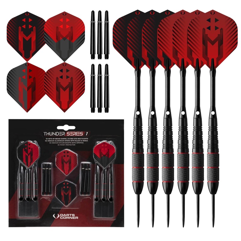 Darts Corner – Thunder Series 1 – Steel Tip Brass – 2 Sets Darts – M1 – Black & Red – 22g 22g