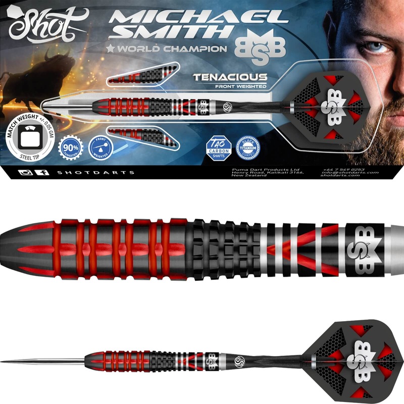 Shot – Michael Smith Tenacious Darts – Steel Tip – 90% Tungsten – 23g 24g 25g 23 grams