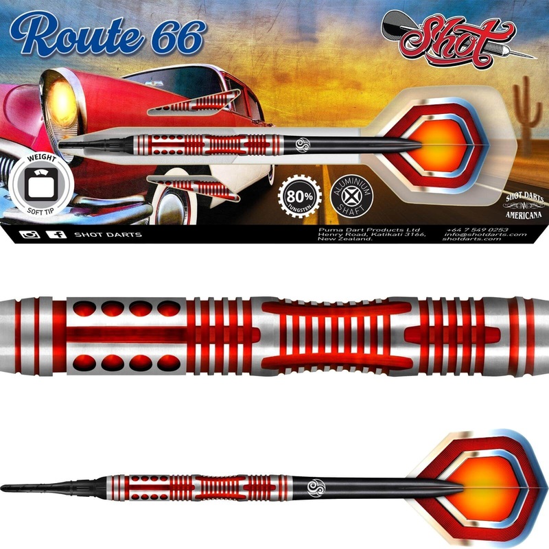 Shot – Americana Route 66 Darts – Soft Tip – 80% Tungsten – 18g